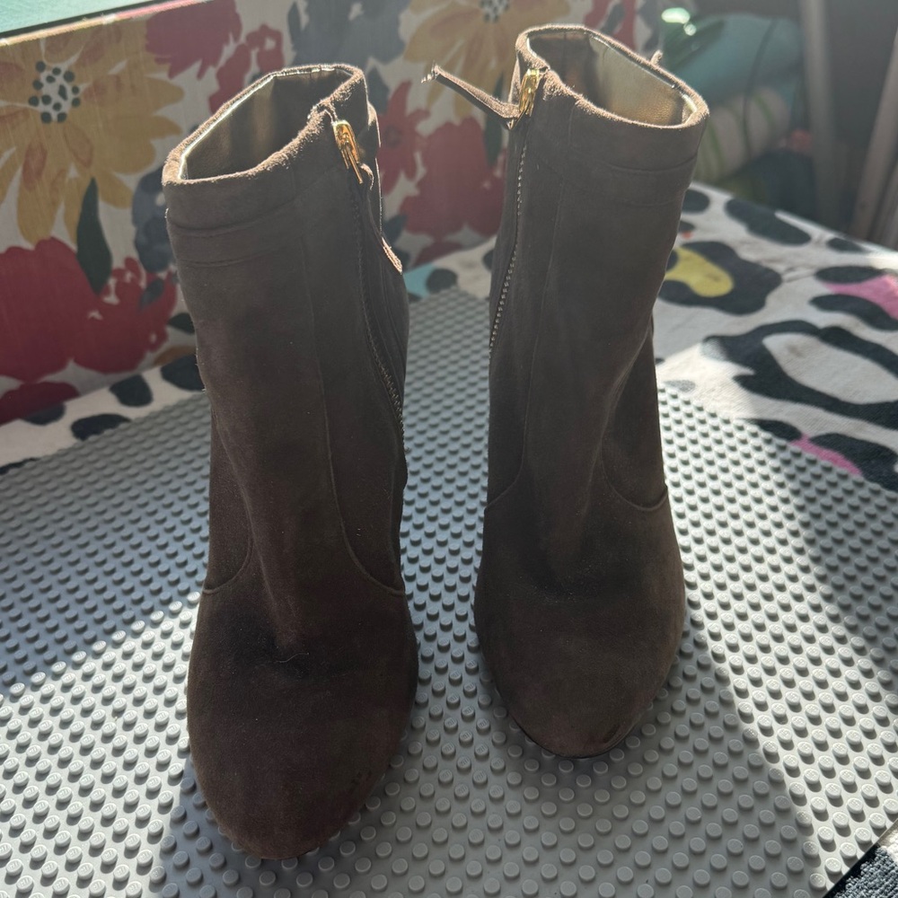 Brown Suede Ankle Boots with Gold Zipper